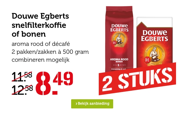 Douwe Egberts snelfilterkoffie of bonen | 2 STUKS | van 11.58/12.58 voor 8.49 | Bekijk aanbieding