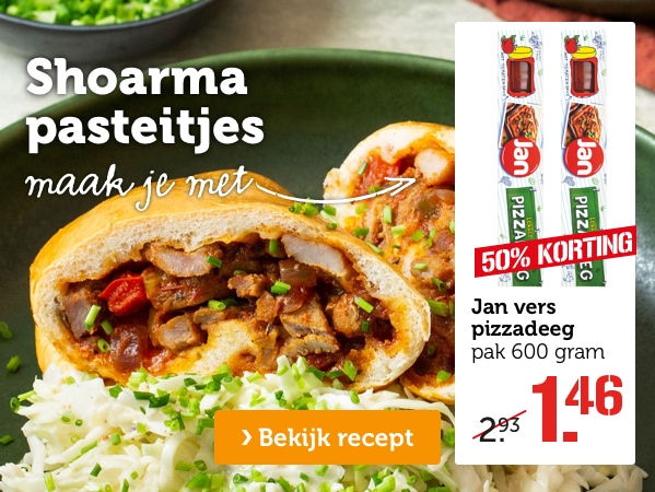 Shoarma pasteitjes maak je met Jan vers pizzadeeg pak 600 gram nu voor 1.46 | 50% KORTING | Bekijk recept