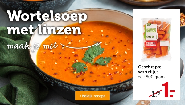 Wortelsoep met linzen maak je met Geschrapte worteltjes zak 500 gram van 1.73 nu voor 1.- | Bekijk recept