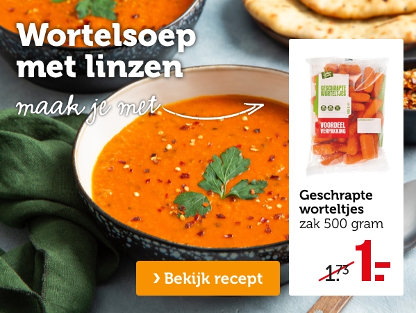 Wortelsoep met linzen maak je met Geschrapte worteltjes zak 500 gram van 1.73 nu voor 1.- | Bekijk recept