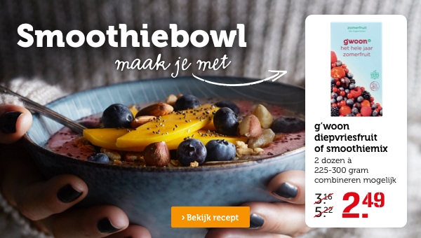 Smoothiebowl maak je met g'woon diepvriesfruit of smoothiemix 2 dozen à 225-300 gram van 3.16/5.22 voor 2.49 | Bekijk recept