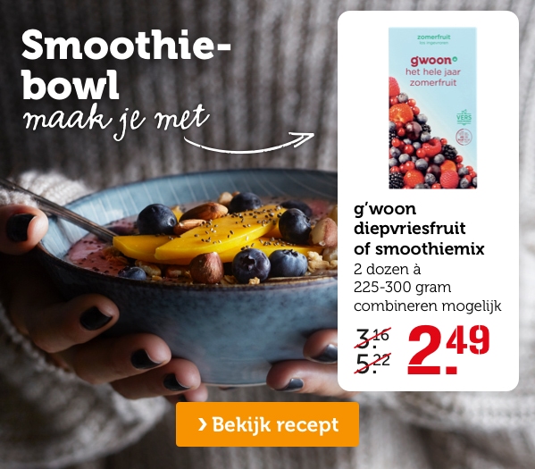 Smoothiebowl maak je met g'woon diepvriesfruit of smoothiemix 2 dozen à 225-300 gram van 3.16/5.22 voor 2.49 | Bekijk recept