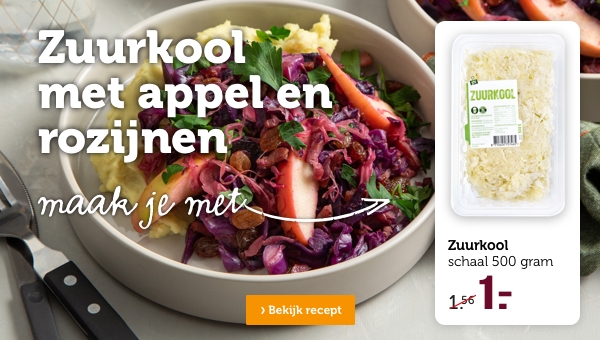 Zuurkool met appel en rozijnen | Maak je met: Zuurkool, schaal 500 gram, van 1.56 voor 1.- | Bekijk recept