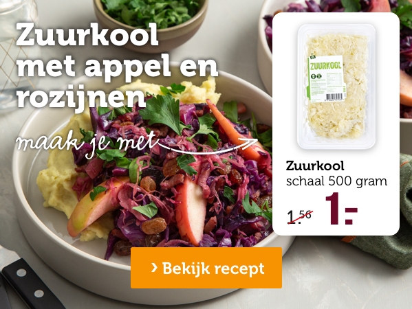 Zuurkool met appel en rozijnen | Maak je met: Zuurkool, schaal 500 gram, van 1.56 voor 1.- | Bekijk recept