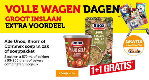 VOLLE WAGEN DAGEN | GROOT INSLAAN EXTRA VOORDEEL | Alle Unox, Knorr of Conimex soep in zak of soeppakket | 1+1 GRATIS* | Bekijk actie