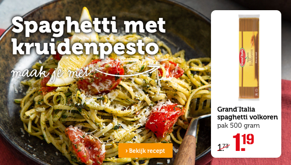 Spaghetti met kruidenpesto | Maak je met Grand'Italia spaghetti volkoren | pak 500 gram | Van 1.73 voor 1.19 | Bekijk recept