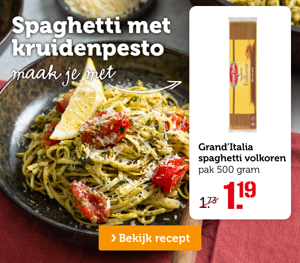 Spaghetti met kruidenpesto | Maak je met Grand'Italia spaghetti volkoren | pak 500 gram | Van 1.73 voor 1.19 | Bekijk recept