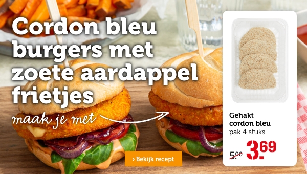 Cordon bleu burgers met zoete aardappel frietjes | Maak je met: Gehakt cordon blue | pak 4 stuks | Van 5.00 voor 3.69 | Bekijk recept