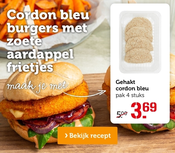 Cordon bleu burgers met zoete aardappel frietjes | Maak je met: Gehakt cordon blue | pak 4 stuks | Van 5.00 voor 3.69 | Bekijk recept