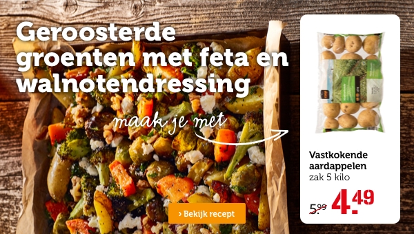 Geroosterde groenten met feta en walnotendressing | Maak je met: Vastkokende aardappelen | zak 5 kilo | Van 5.99 voor 4.49 | Bekijk recept