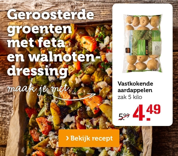 Geroosterde groenten met feta en walnotendressing | Maak je met: Vastkokende aardappelen | zak 5 kilo | Van 5.99 voor 4.49 | Bekijk recept