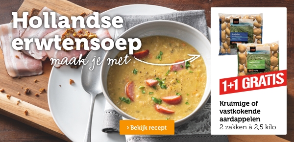 Hollandse erwtensoep | Maak je met: Kruimige of vastkokende aardappelen , 2 zakken à 2,5 kilo: 1+1 GRATIS | Bekijk recept