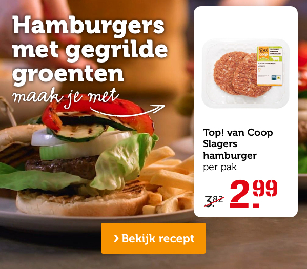 Hamburgers met gegrilde groenten | Maak je met: Top! van Coop Slagers hamburger, per pak, van 3.82 voor 2.99 | Bekijk recept