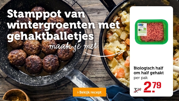 Stamppot van wintergroenten met gehaktballetjes | Maak je met: Biologisch half om half gehakt, per pak, van 3.26 voor 2.79 | Bekijk recept