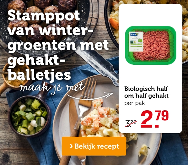 Stamppot van wintergroenten met gehaktballetjes | Maak je met: Biologisch half om half gehakt, per pak, van 3.26 voor 2.79 | Bekijk recept