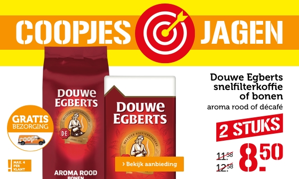 COOPJES JAGEN | Douwe Egberts snelfilterkoffie of bonen | aroma rood of décafé | 2 STUKS | Van 11.58/12.58 voor 8.50 | Bekijk aanbieding