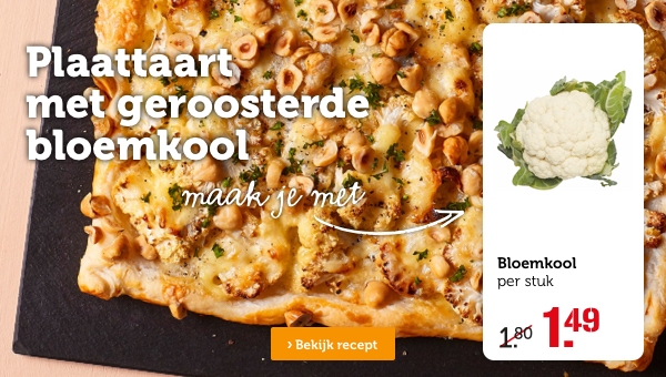 Plaattaart met geroosterde bloemkool | Maak je met: Bloemkool, per stuk, van 1.80 voor 1.49 | Bekijk recept