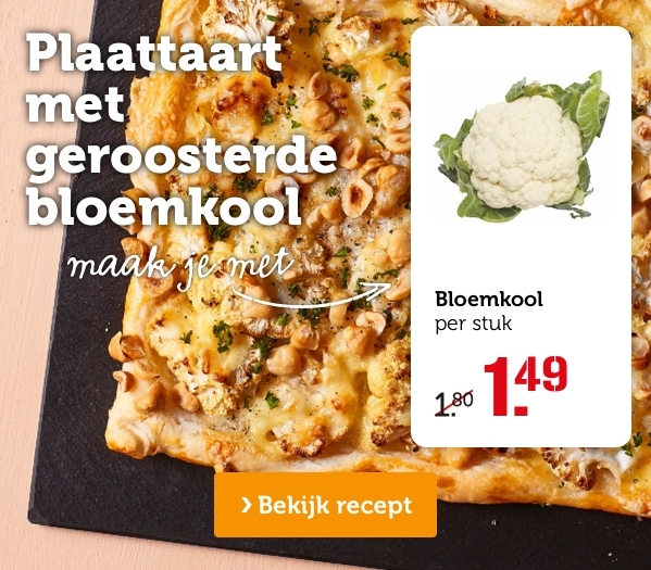 Plaattaart met geroosterde bloemkool | Maak je met: Bloemkool, per stuk, van 1.80 voor 1.49 | Bekijk recept