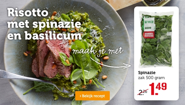 Risotto met spinazie en basilicum | Maak je met: Spinazie, zak 500 gram, van 2.26 voor 1.49 | Bekijk recept