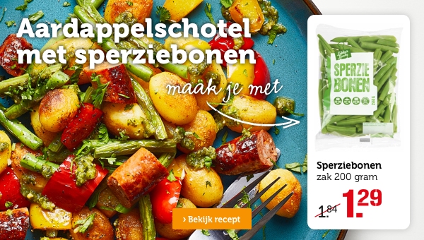 Aardappelschotel met sperziebonen | Maak je met: Sperziebonen, zak 200 gram, van 1.84 voor 1.29 | Bekijk recept