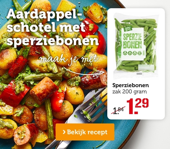 Aardappelschotel met sperziebonen | Maak je met: Sperziebonen, zak 200 gram, van 1.84 voor 1.29 | Bekijk recept