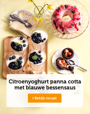 Citroenyoghurt panna cotta met blauwe bessensaus | Bekijk recept