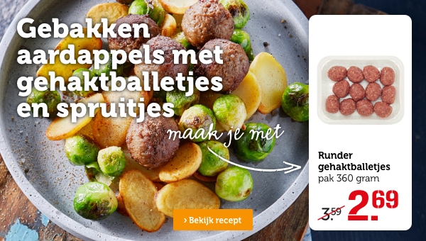 Gebakken aardappels met gehaktballetjes en spruitjes | Bekijk recept