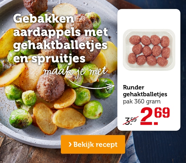 Gebakken aardappels met gehaktballetjes en spruitjes | Bekijk recept