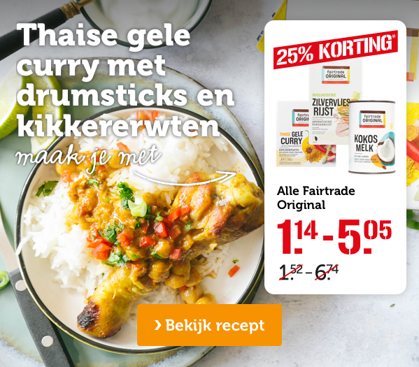 Thaise gele curry met drumsticks en kikkererwten | Maak je met: Alle Fairtrade Original: 25% KORTING | Bekijk recept