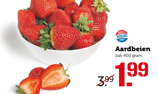 Aardbeien, bak 400 gram, van 3.99 voor 1.99