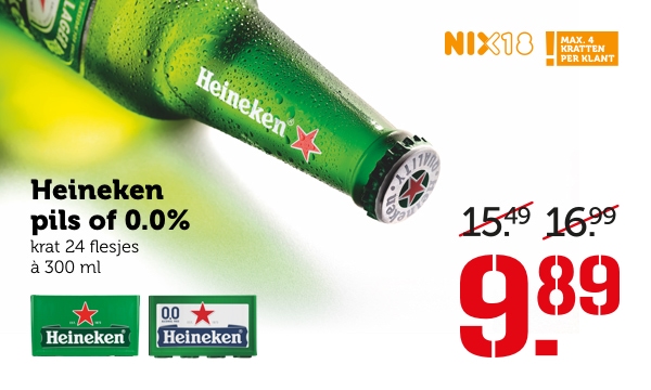 Heineken pils of 0.0% | Krat 24 flesjes à 300 ml | Van 15.49/16.99 voor: 9.89