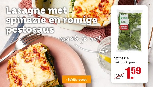 Lasagne met spinazie en romige pestosaus | Maak je met: Spinazie zak 500 gram | Van 2.26 voor 1.59 | Bekijk recept