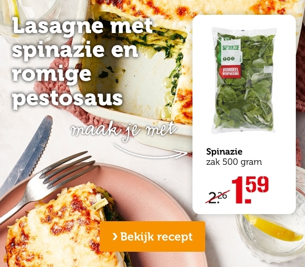 Lasagne met spinazie en romige pestosaus | Maak je met: Spinazie zak 500 gram | Van 2.26 voor 1.59 | Bekijk recept