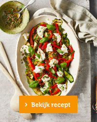 Courgettesalade met gepofte paprika en mozzarella | Bekijk recept