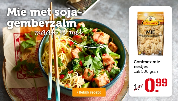 Mie met soja-gemberzalm | maak je met: Conimex mie nestjes, zak 500 gram, Van 1.47 voor: 0.99 | Bekijk recept 