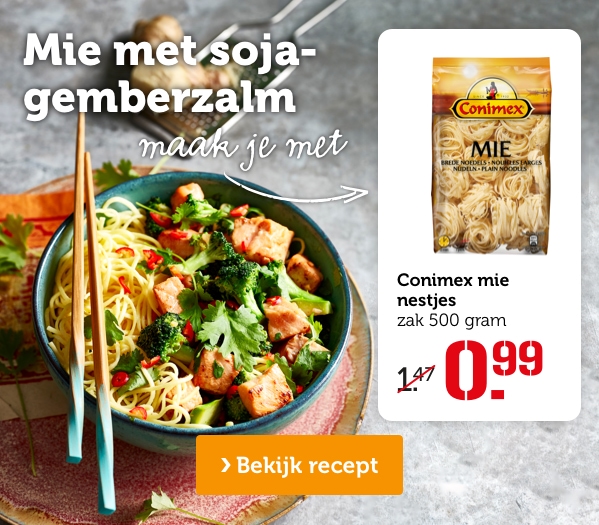 Mie met soja-gemberzalm | maak je met: Conimex mie nestjes, zak 500 gram, Van 1.47 voor: 0.99 | Bekijk recept 