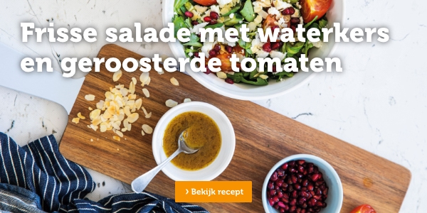 Frisse salade met waterkers en geroosterde tomaten | Bekijk recept