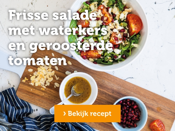 Frisse salade met waterkers en geroosterde tomaten | Bekijk recept