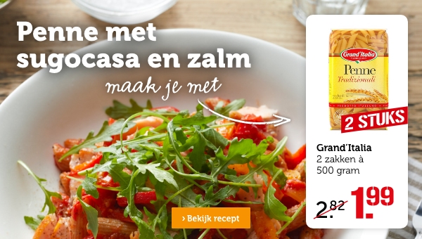 Penne met sugocasa en zalm | maak je met: Grand'Italia Penne Tradizionali, 2 STUKS: van 2.82 voor 1.99 | Bekijk recept