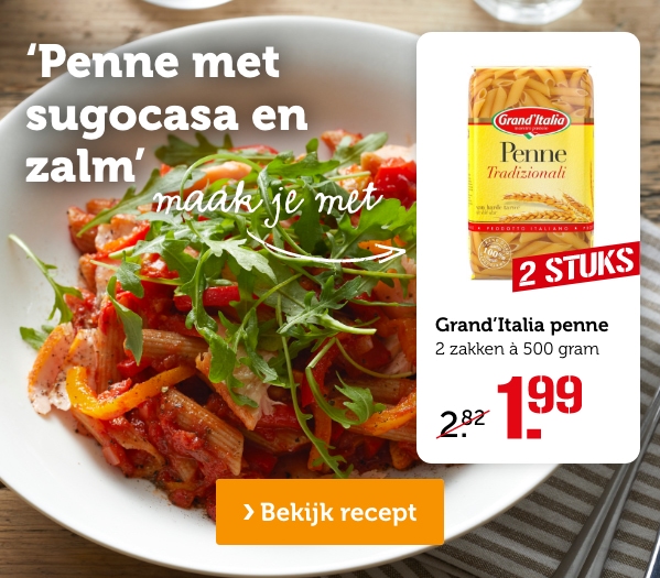 Penne met sugocasa en zalm | maak je met: Grand'Italia Penne Tradizionali, 2 STUKS: van 2.82 voor 1.99 | Bekijk recept