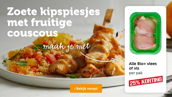 Zoete kipspiesjes met fruitige couscous maak je met Alle Bio+ vlees of vis | Bekijk recept