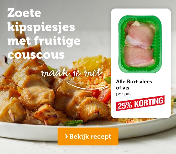 Zoete kipspiesjes met fruitige couscous maak je met Alle Bio+ vlees of vis | Bekijk recept