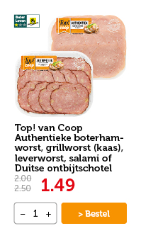 Top! van Coop Authentieke boterhamworst, grillworst (kaas), leverworst, salami of Duitse ontbijtschotel