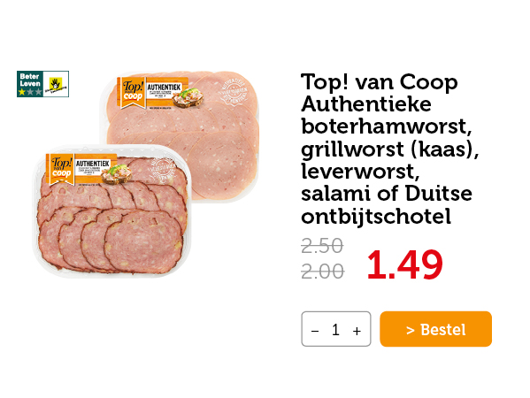 Top! van Coop Authentieke boterhamworst, grillworst (kaas), leverworst, salami of Duitse ontbijtschotel