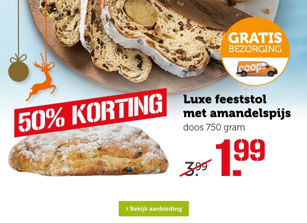 50% KORTING | Luxe feeststol met amandelspijs | doos 750 gram | Van 3.99 voor 1.99 | Bekijk aanbieding