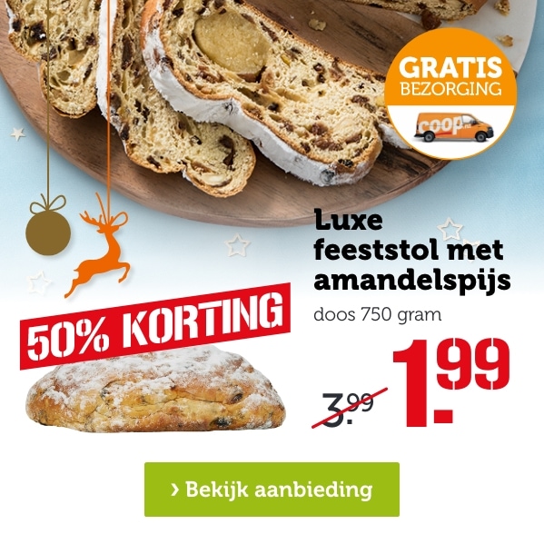 50% KORTING | Luxe feeststol met amandelspijs | doos 750 gram | Van 3.99 voor 1.99 | Bekijk aanbieding