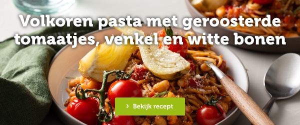 Volkoren pasta met geroosterde tomaatjes, venkel en witte bonen | Bekijk recept