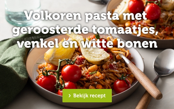 Volkoren pasta met geroosterde tomaatjes, venkel en witte bonen | Bekijk recept