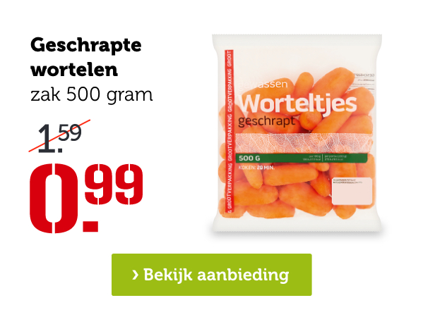 Geschrapte wortelen | zak 500 gram | Van 1.59 voor 0.99 | Bekijk aanbieding