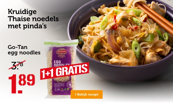 Kruidige Thaise noedels met pinda's | Go-Tan egg noodles | 1+1 GRATIS | Van 3.78 voor 1.89 | Bekijk recept 